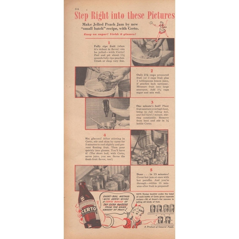 1946 Certo Vintage Print Ad Peach Jam Recipe Kitchen Canning Mid Century Decor